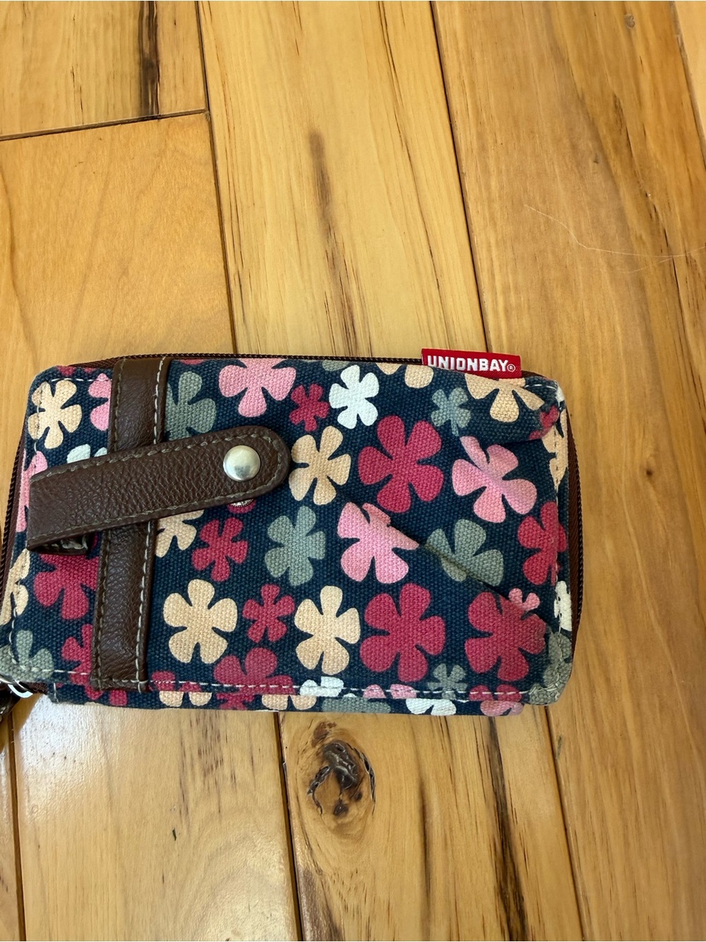 UNIONBAY Navy Floral Canvas Wallet with Pink, Cream & Red Blooms